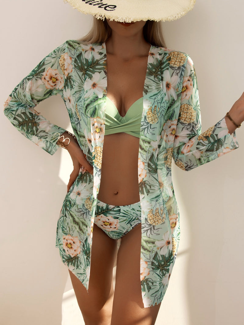 Floral Twist Push Up Bikini Swimsuit With Kimono