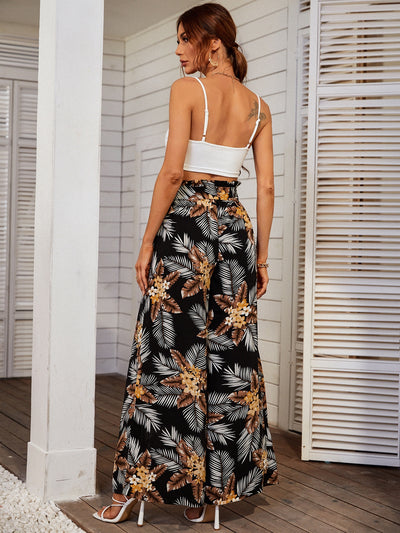 VCAY Crop Cami Top Tropical Print Paperbag Waist Split Thigh Belted Pants