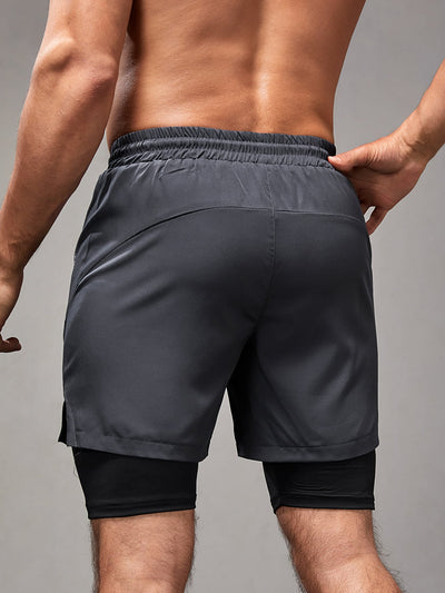 Men Drawstring Waist 2 In 1 Sports Shorts With Phone Pocket