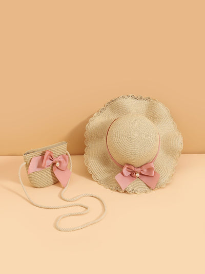 Toddler Girls Faux Pearl Bow Decor Straw Hat Bag