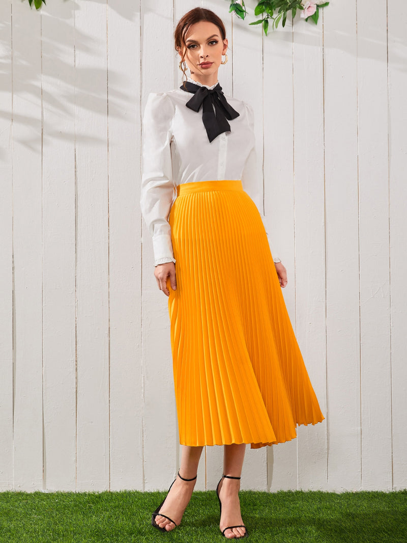 High Waist Solid Pleated Skirt
