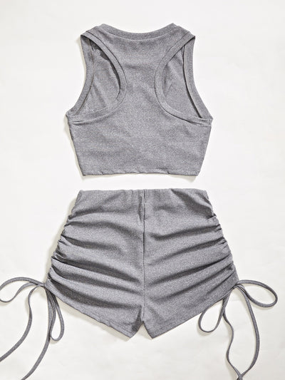 Solid Twist Front Crop Tank Top Shorts