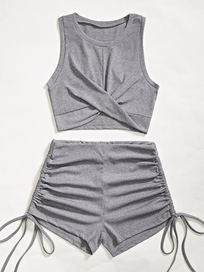 Solid Twist Front Crop Tank Top Shorts