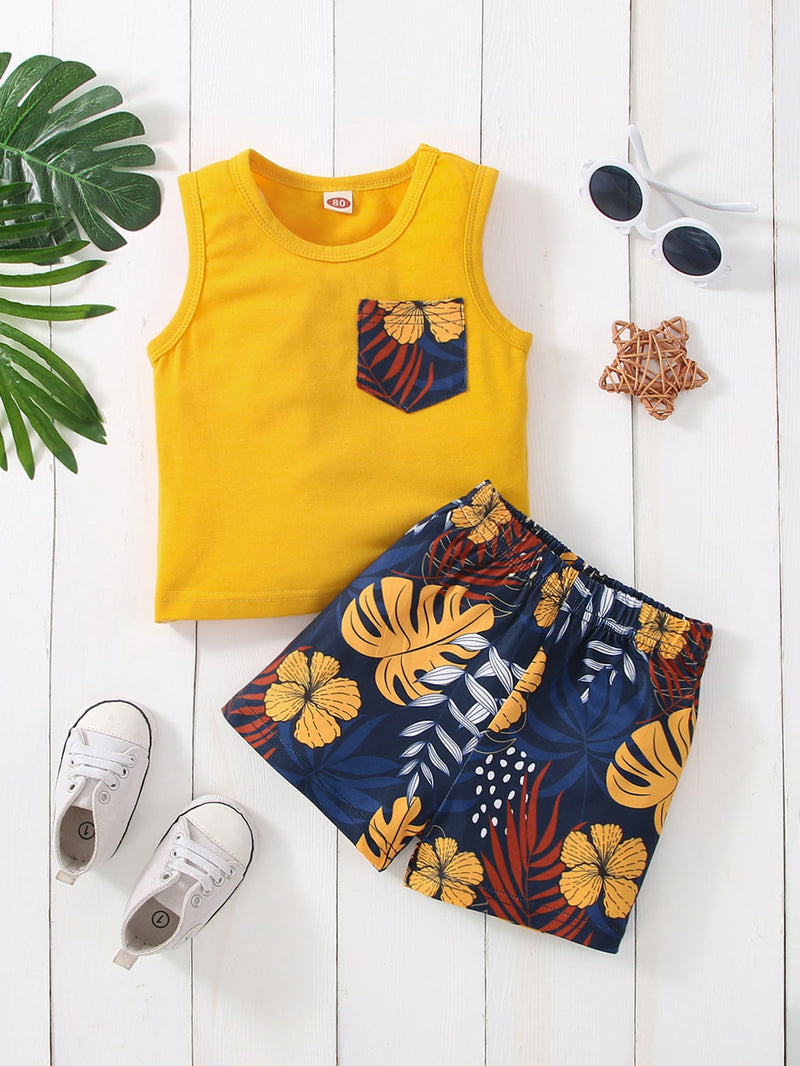 Baby Tropical Print Pocket Patched Tank Top And Shorts