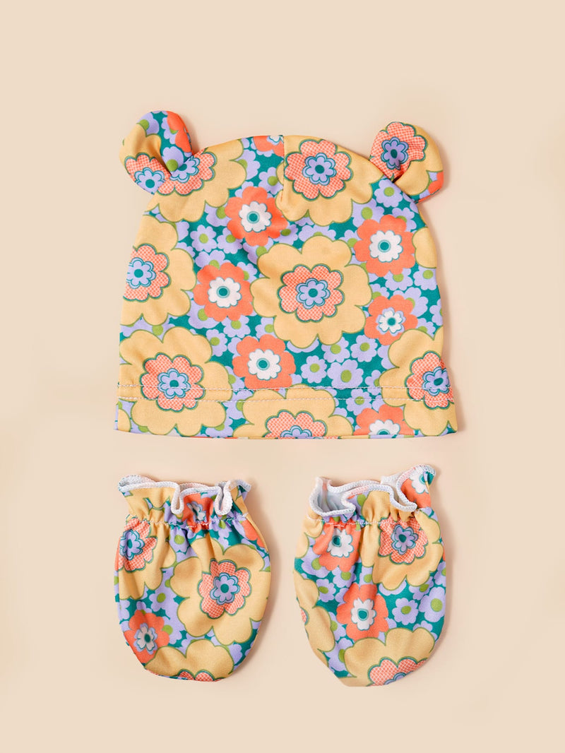 Baby Allover Floral Print Hat & Gloves