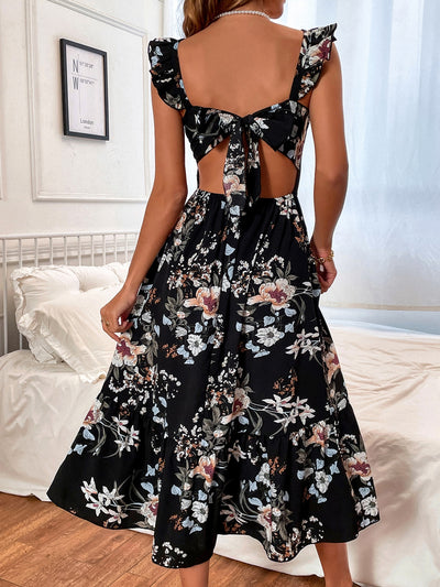 Floral Print Ruffle Trim Tie Backless Dress