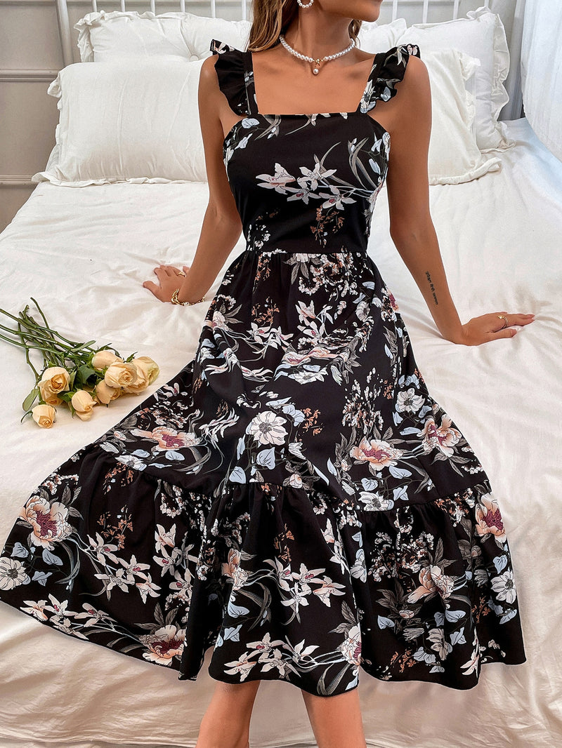 Floral Print Ruffle Trim Tie Backless Dress