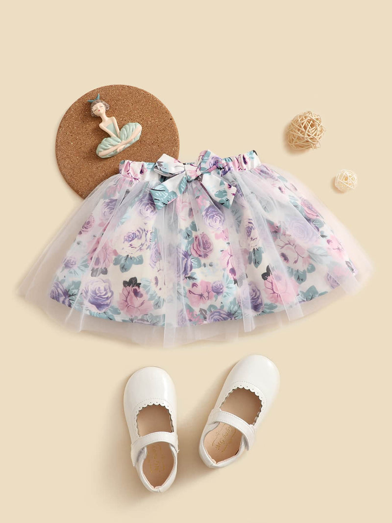 Baby Floral Print Mesh Overlay Bow Front Skirt