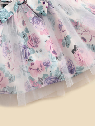 Baby Floral Print Mesh Overlay Bow Front Skirt