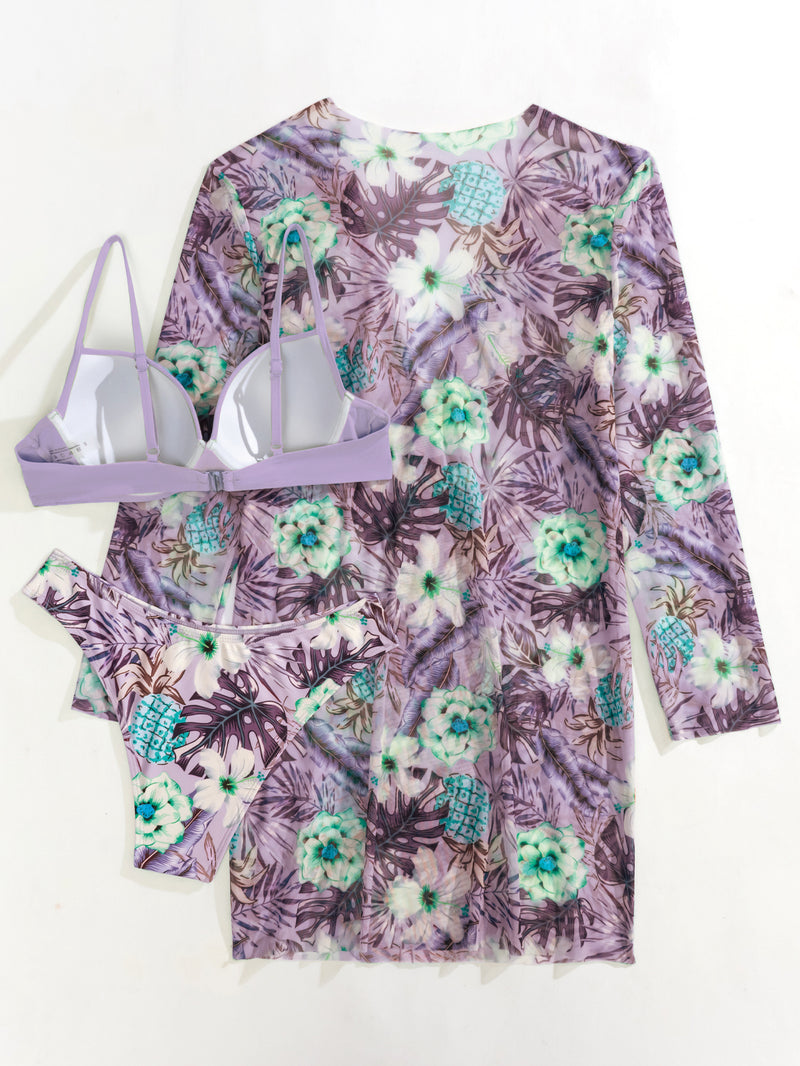 Floral Twist Push Up Bikini Swimsuit With Kimono