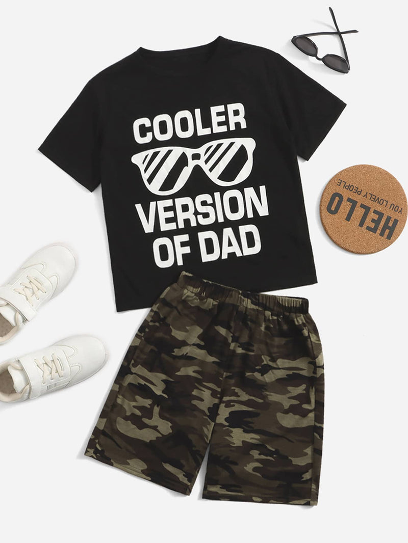 Boys Glasses Letter Graphic Tee Camo Print Shorts