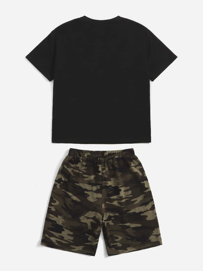 Boys Glasses Letter Graphic Tee Camo Print Shorts