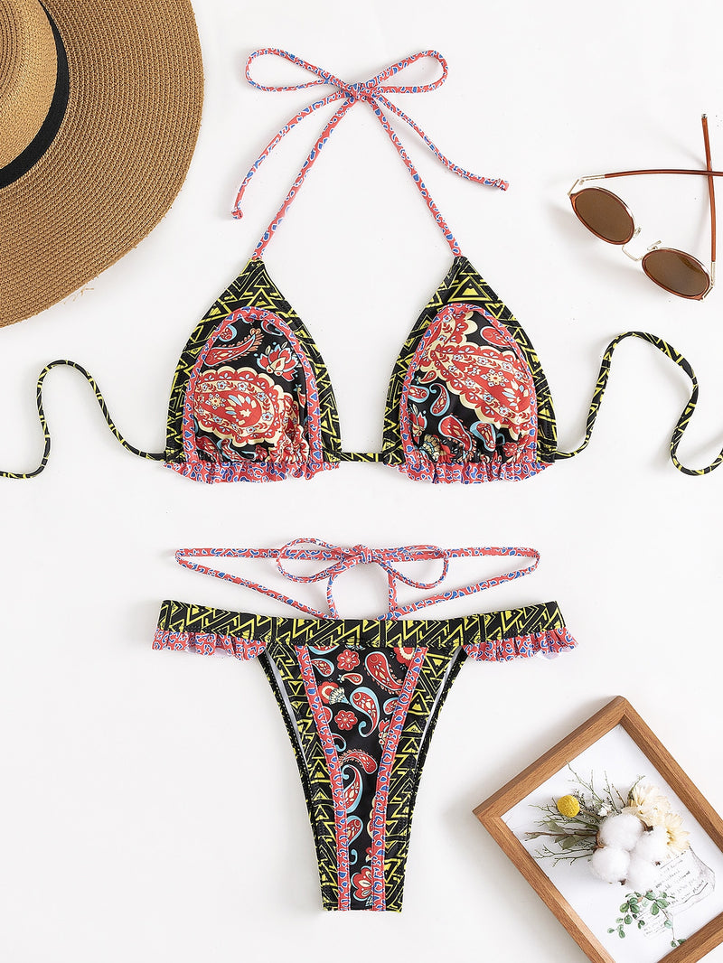 Floral Geo Print Triangle Thong Bikini Swimsuit