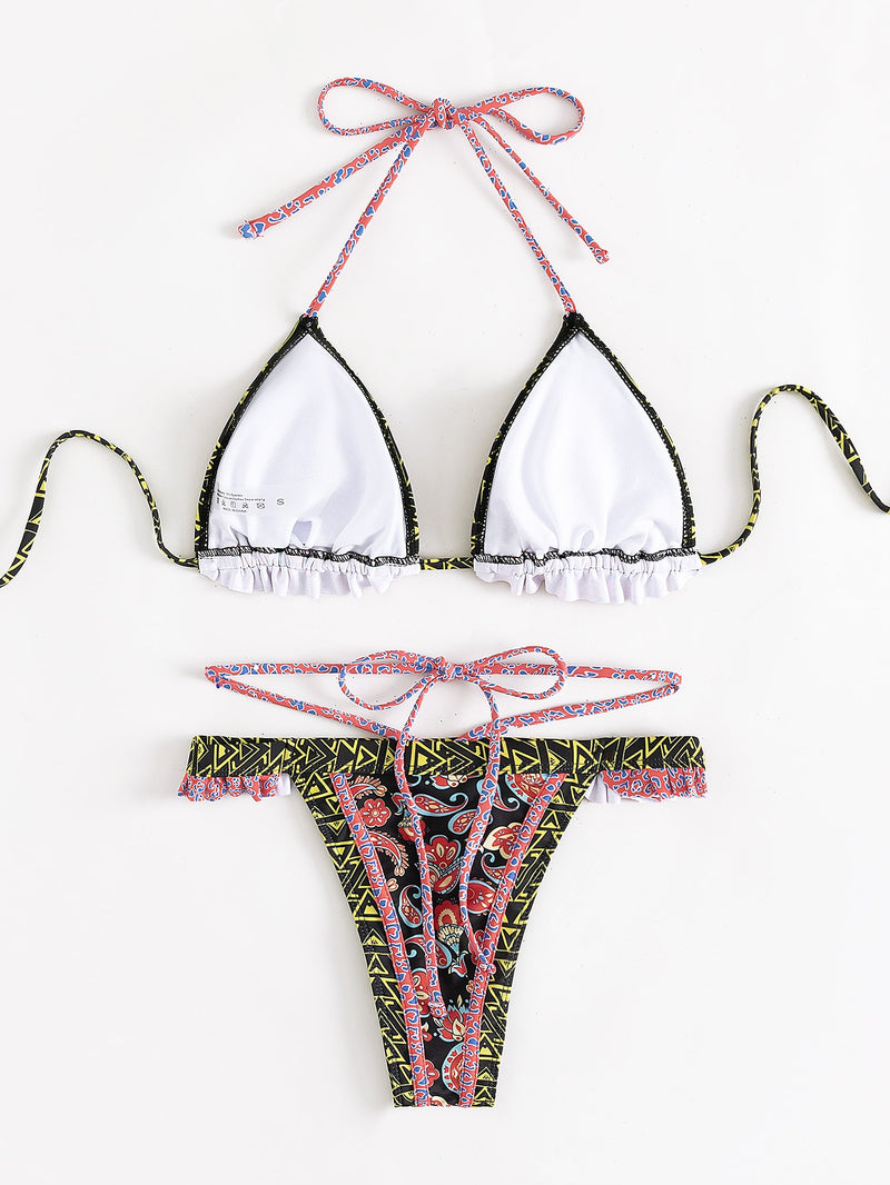 Floral Geo Print Triangle Thong Bikini Swimsuit