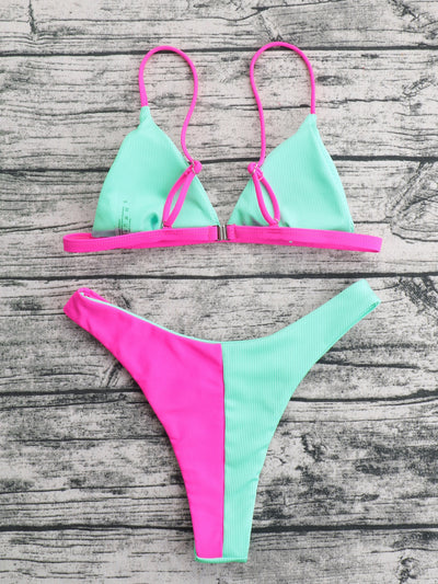 Two Tone Contrast Binding Halter Triangle Bikini Swimsuit