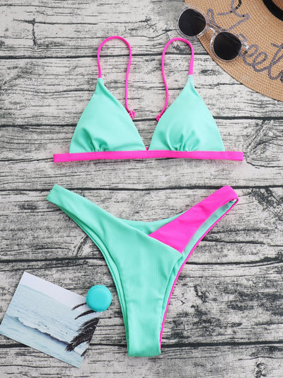 Two Tone Contrast Binding Halter Triangle Bikini Swimsuit