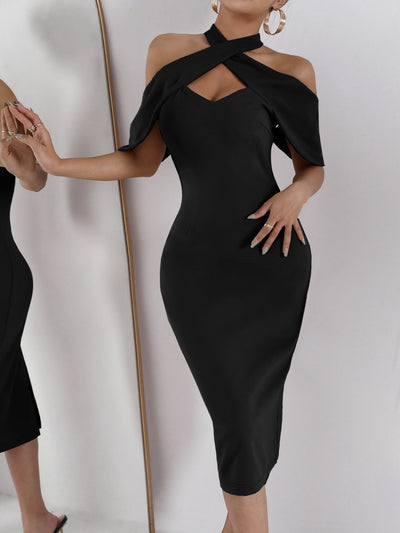 SXY Cross Cold Shoulder Split Back Bodycon Dress