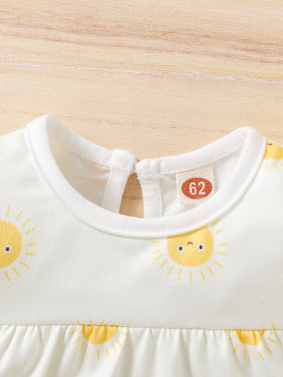 Baby Cartoon Sun Print Ruffle Trim Bodysuit