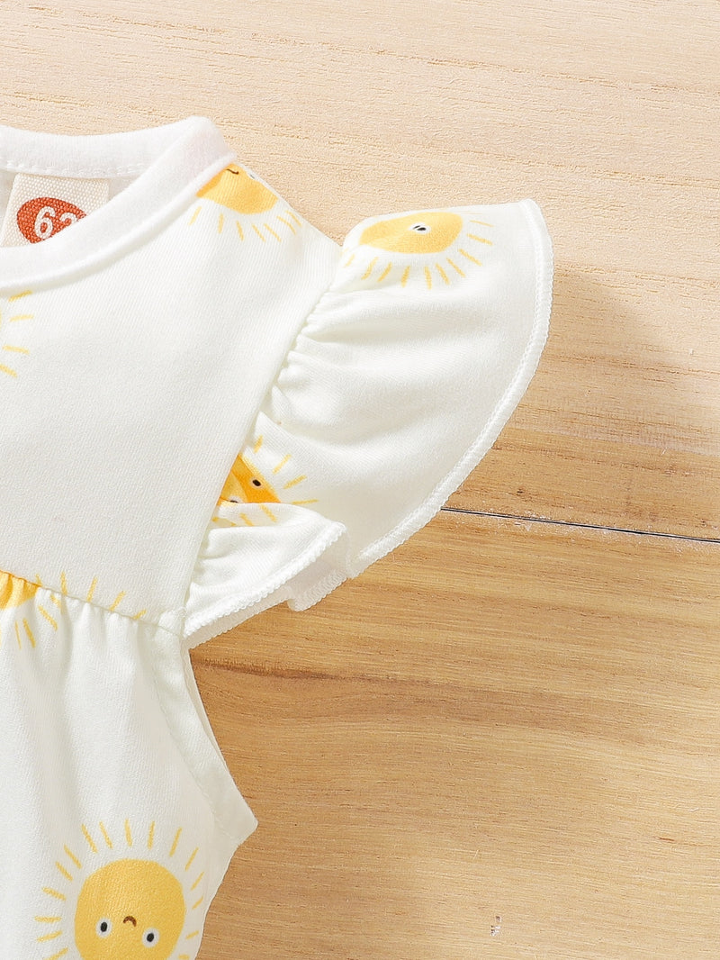Baby Cartoon Sun Print Ruffle Trim Bodysuit