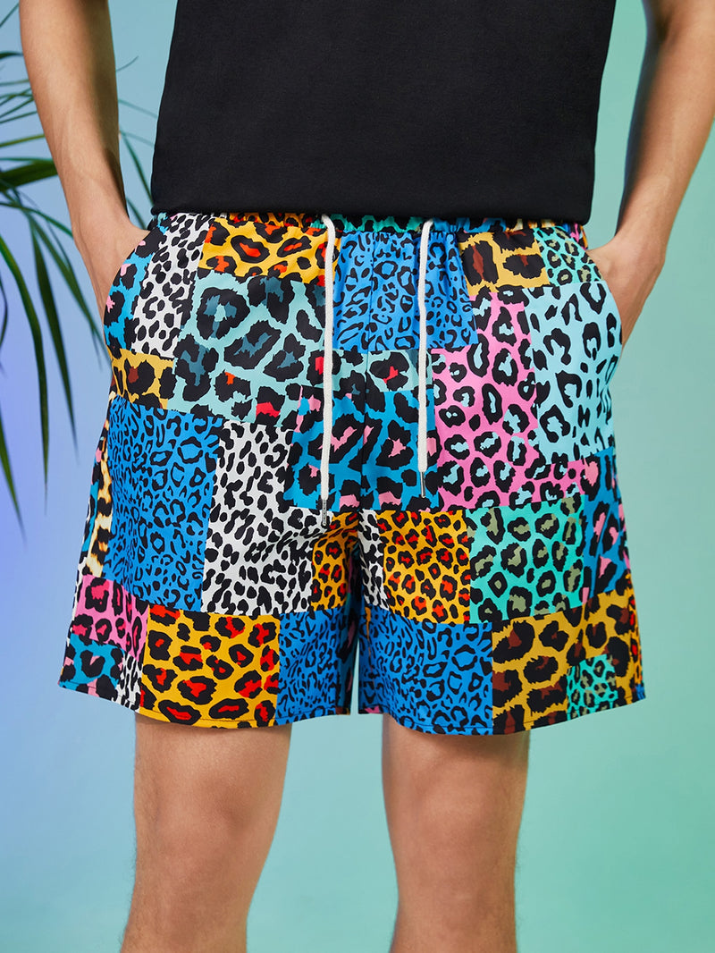 ROMWE Guys Leopard Patchwork Shorts