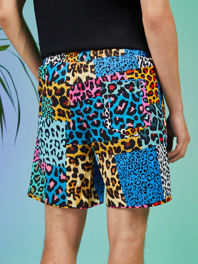 ROMWE Guys Leopard Patchwork Shorts