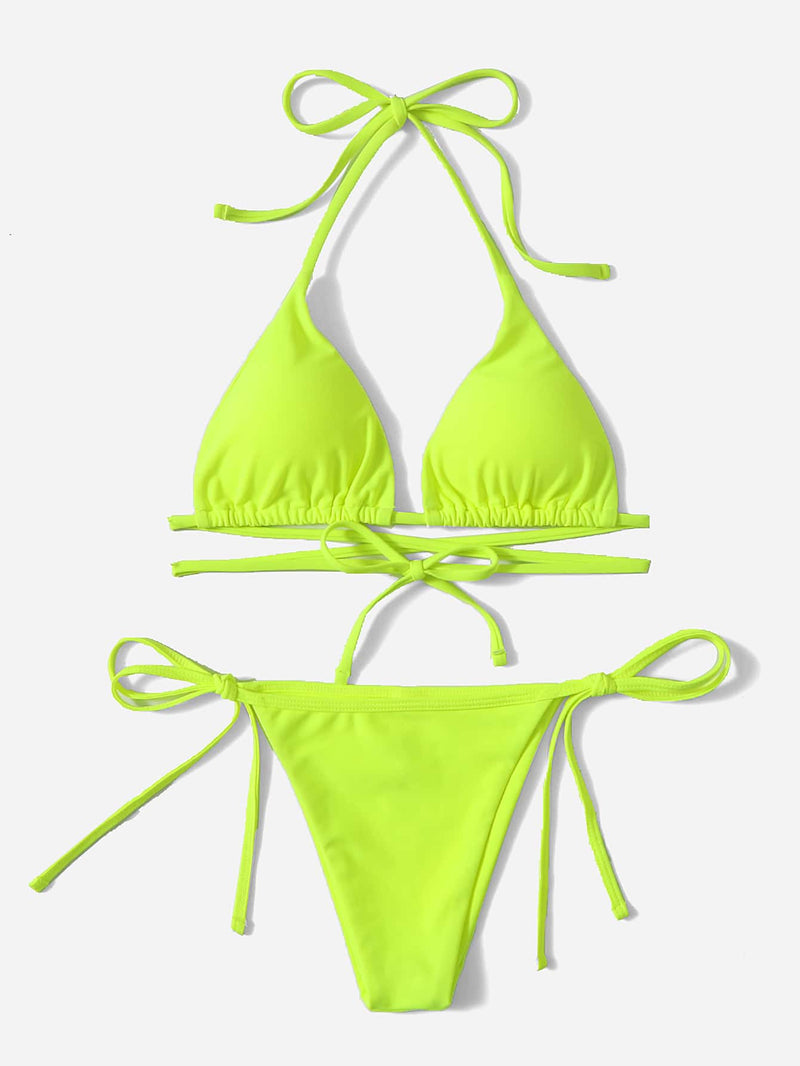 Neon Lime Triangle Tie Side Bikini Swimsuit