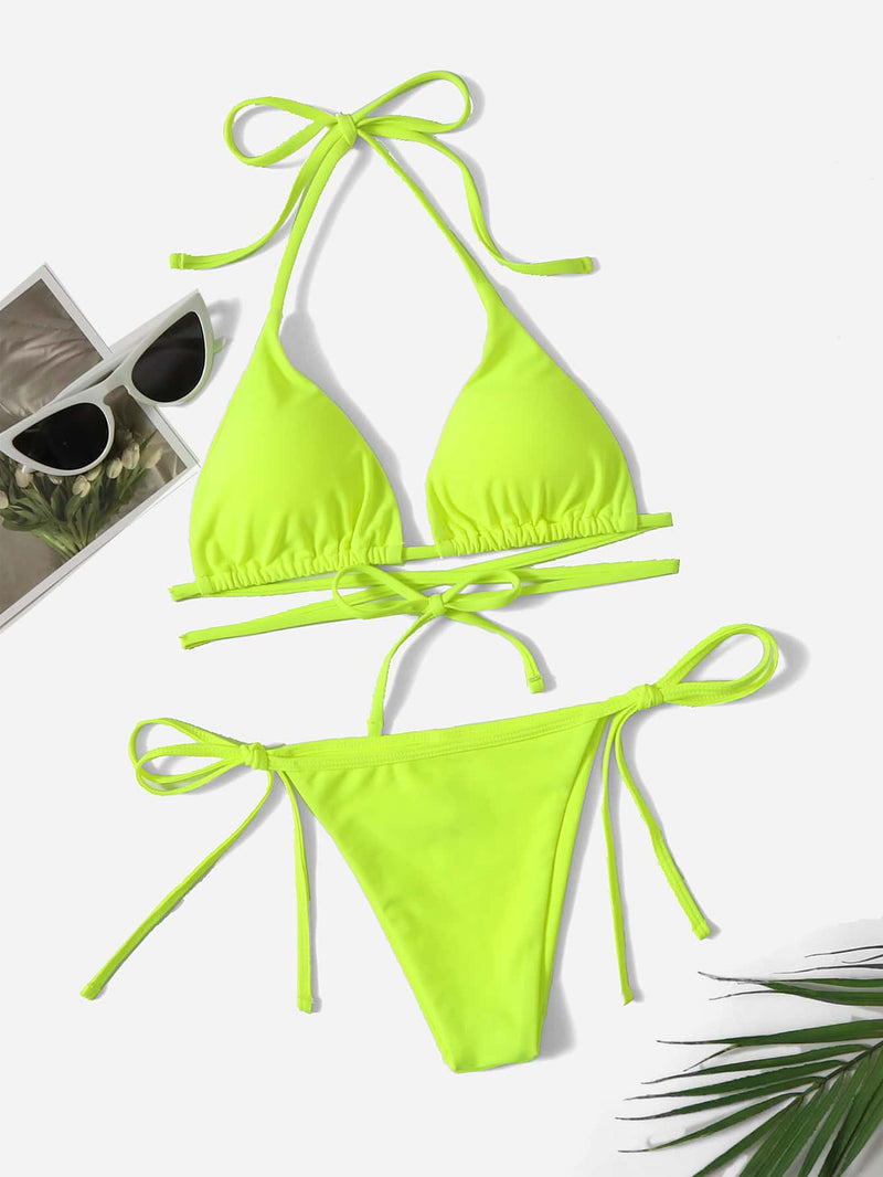 Neon Lime Triangle Tie Side Bikini Swimsuit