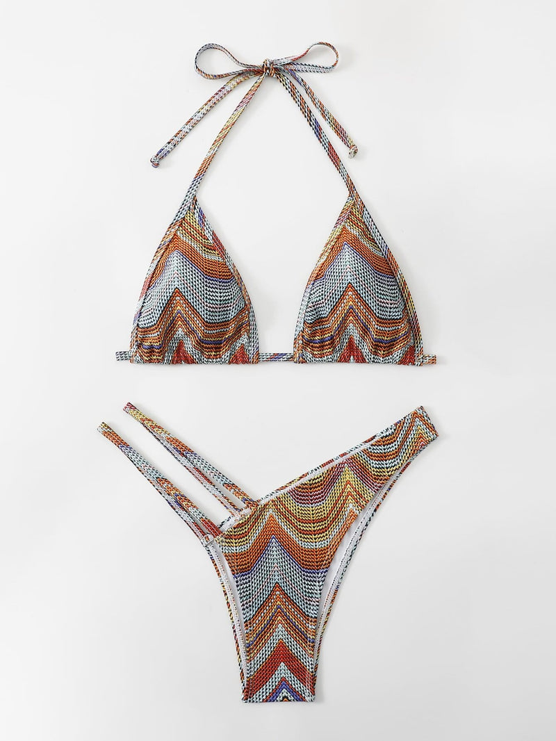 Striped Cut Out Halter Triangle Thong Bikini Swimsuit