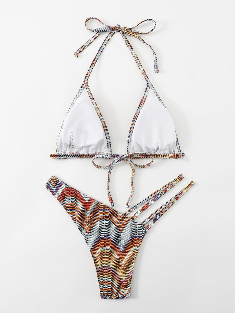 Striped Cut Out Halter Triangle Thong Bikini Swimsuit