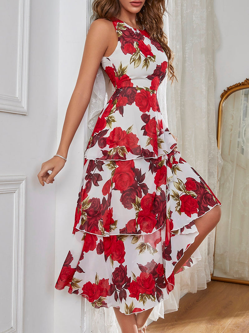 Floral Print Layered Hem Chiffon Dress