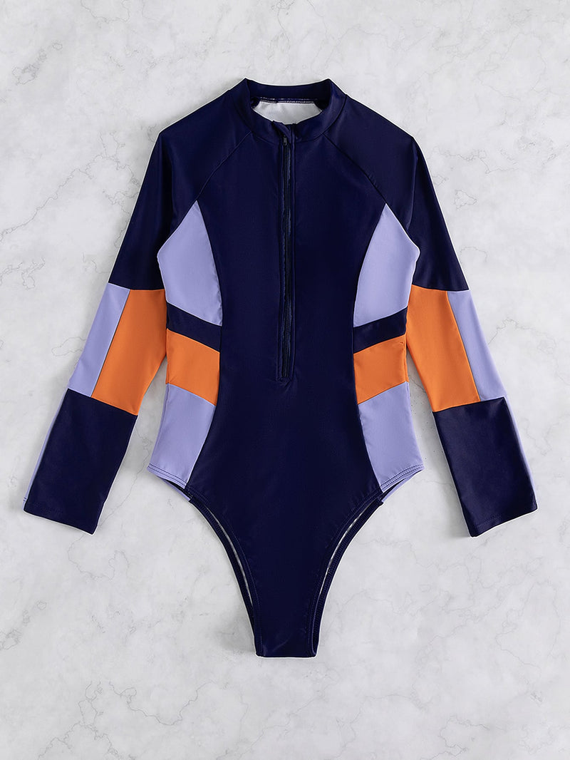 Color Block Raglan Sleeve Zip Front One Piece Swimsuit