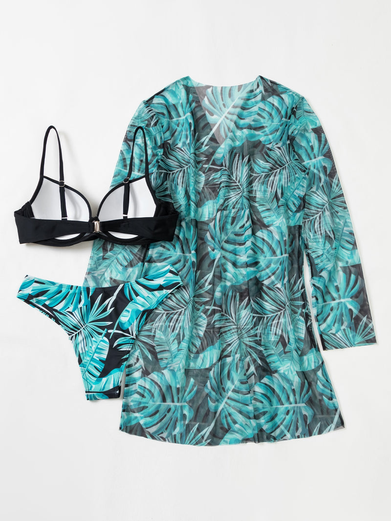 Floral Twist Push Up Bikini Swimsuit With Kimono