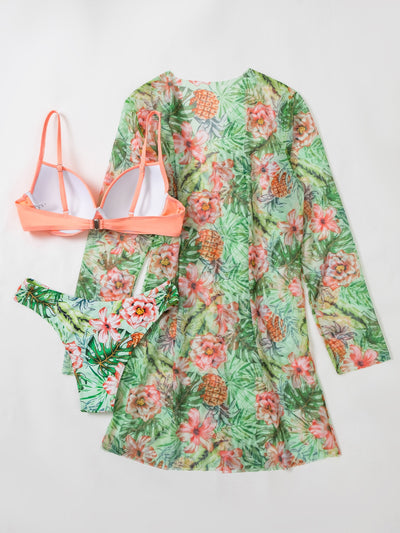 Floral Twist Push Up Bikini Swimsuit With Kimono