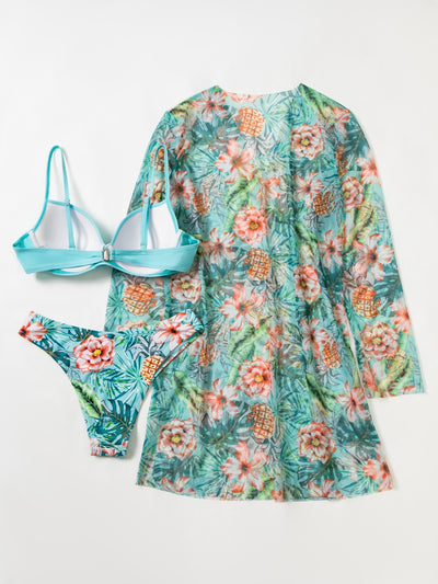 Floral Twist Push Up Bikini Swimsuit With Kimono