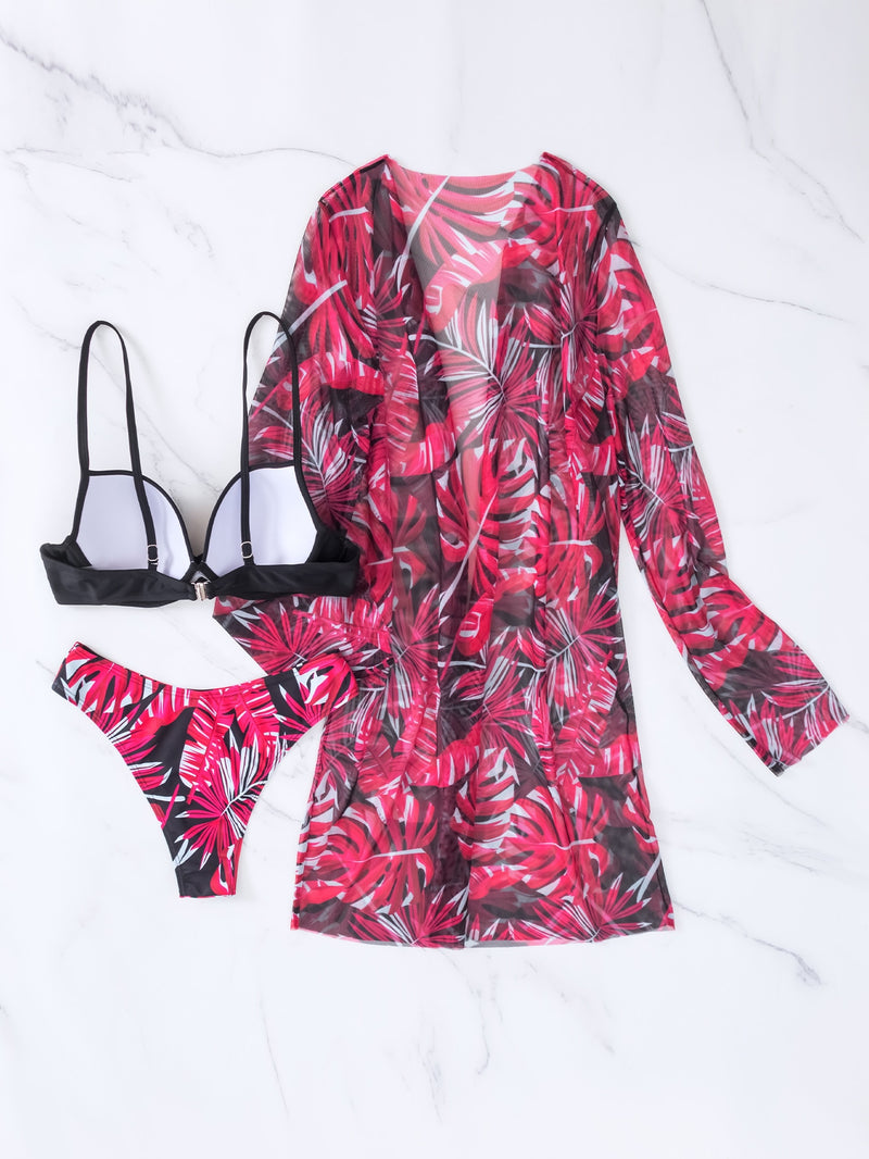 Floral Twist Push Up Bikini Swimsuit With Kimono