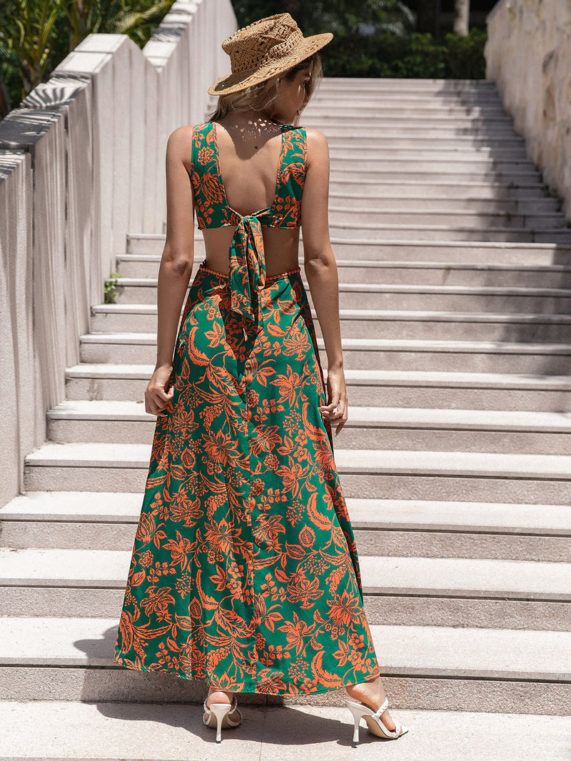 Floral Print Ring Linked Cut Out Tie Back Maxi Dress