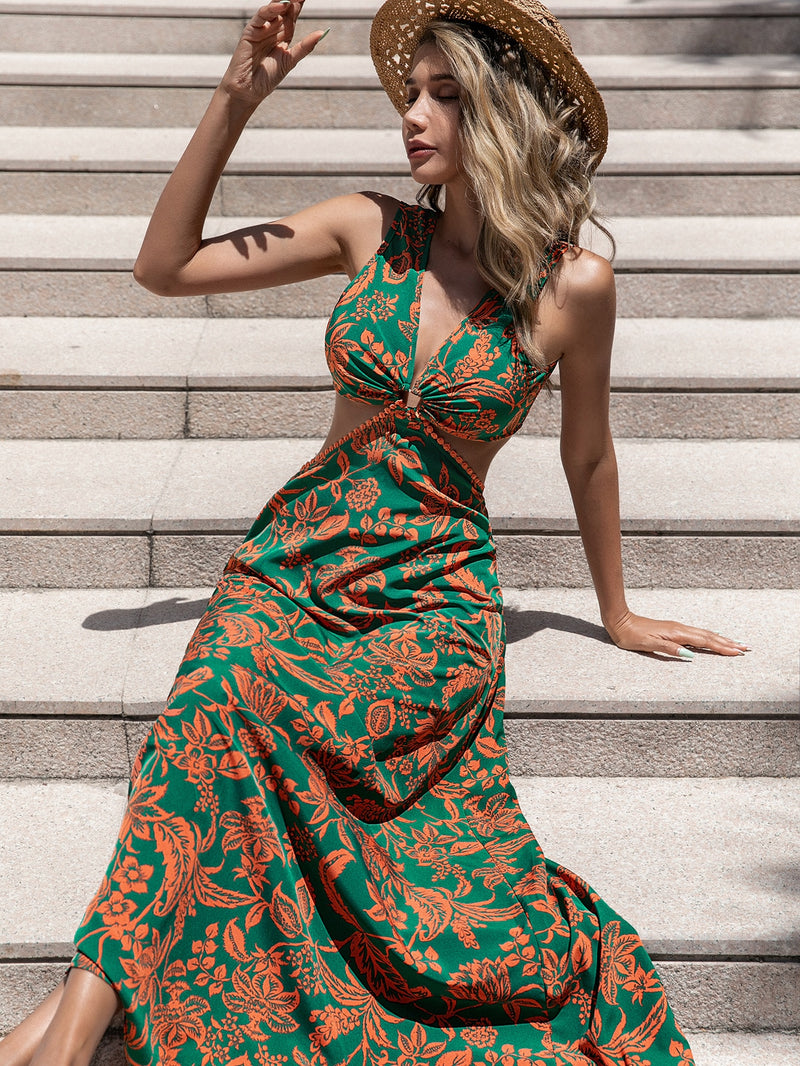 Floral Print Ring Linked Cut Out Tie Back Maxi Dress