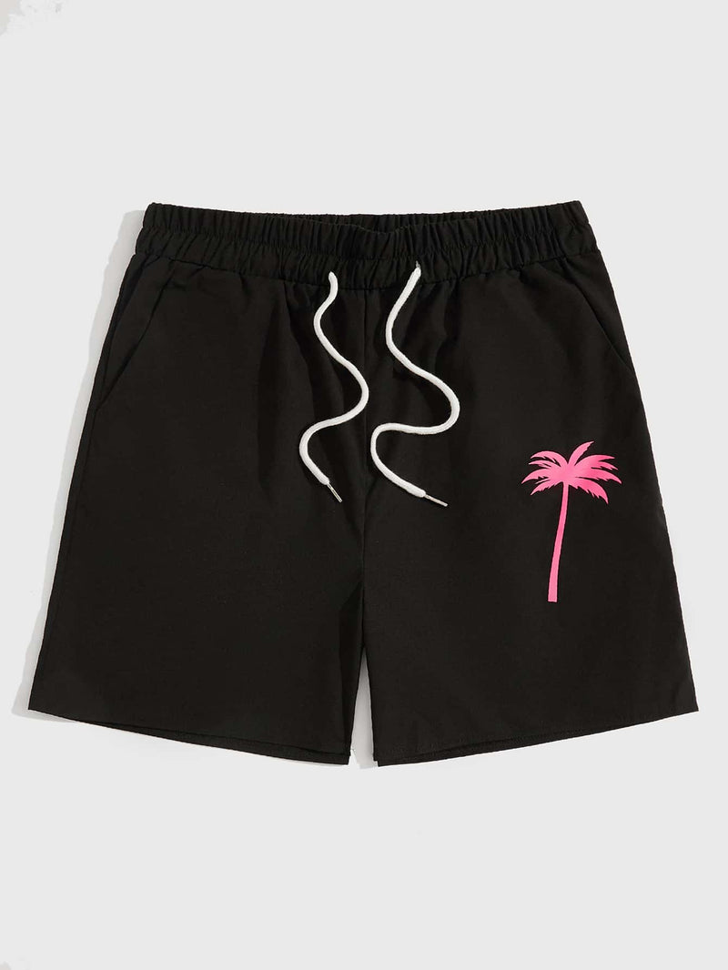 ROMWE Guys Tropical Graphic Drawstring Shorts