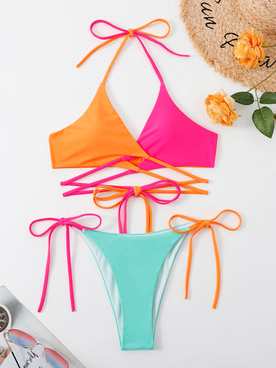 Colorblock Lace Up Bikini Swimsuit