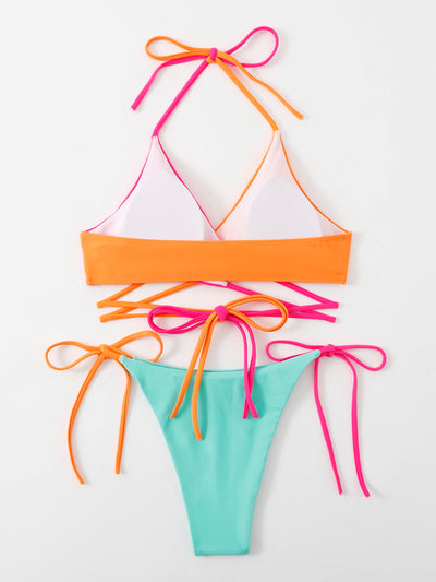 Colorblock Lace Up Bikini Swimsuit