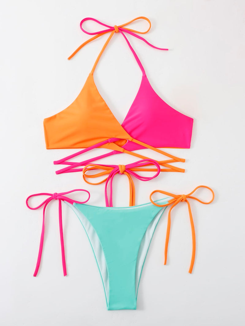 Colorblock Lace Up Bikini Swimsuit