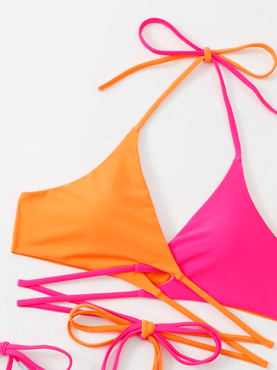 Colorblock Lace Up Bikini Swimsuit