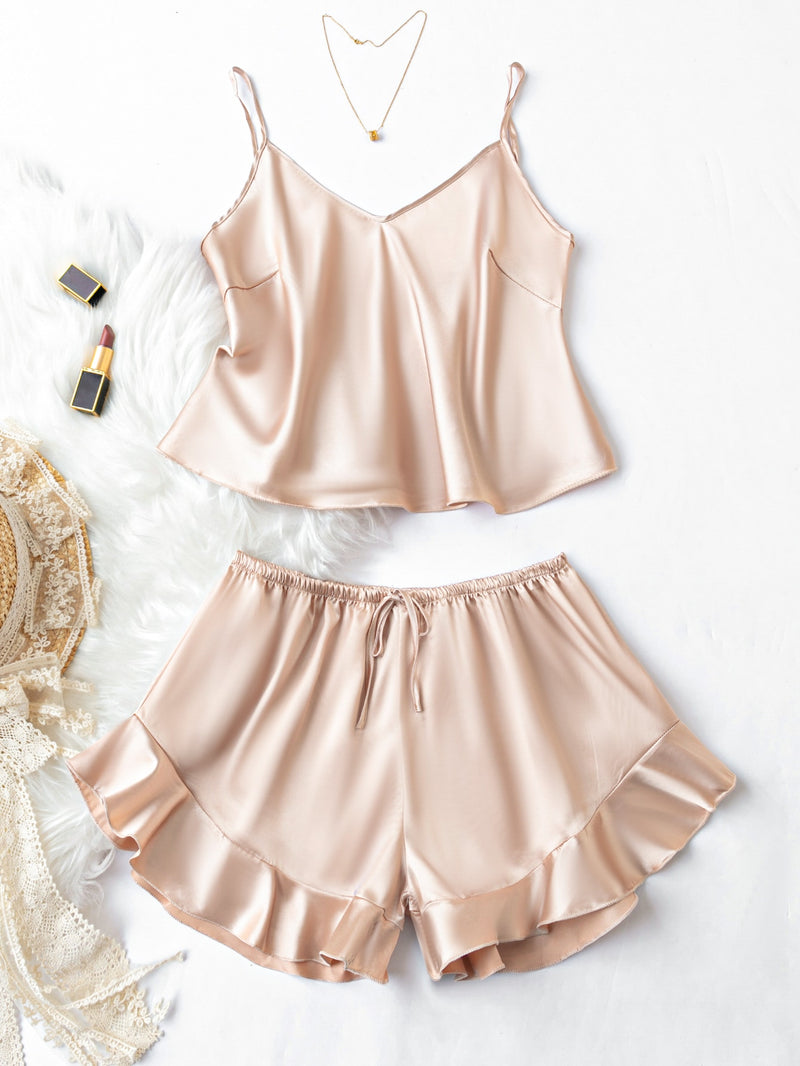 Ruffle Hem Satin PJ Set