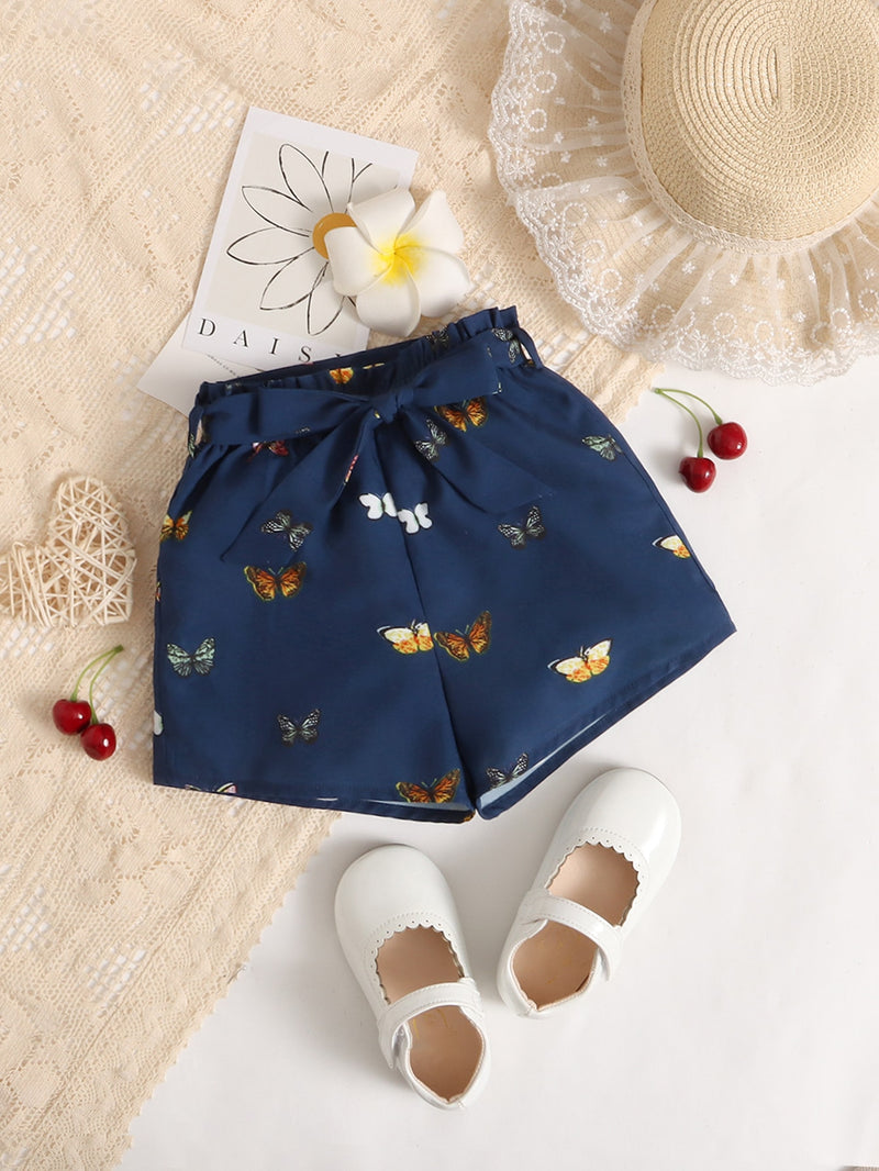 Baby Butterfly Print Paper Bag Waist Belted Shorts