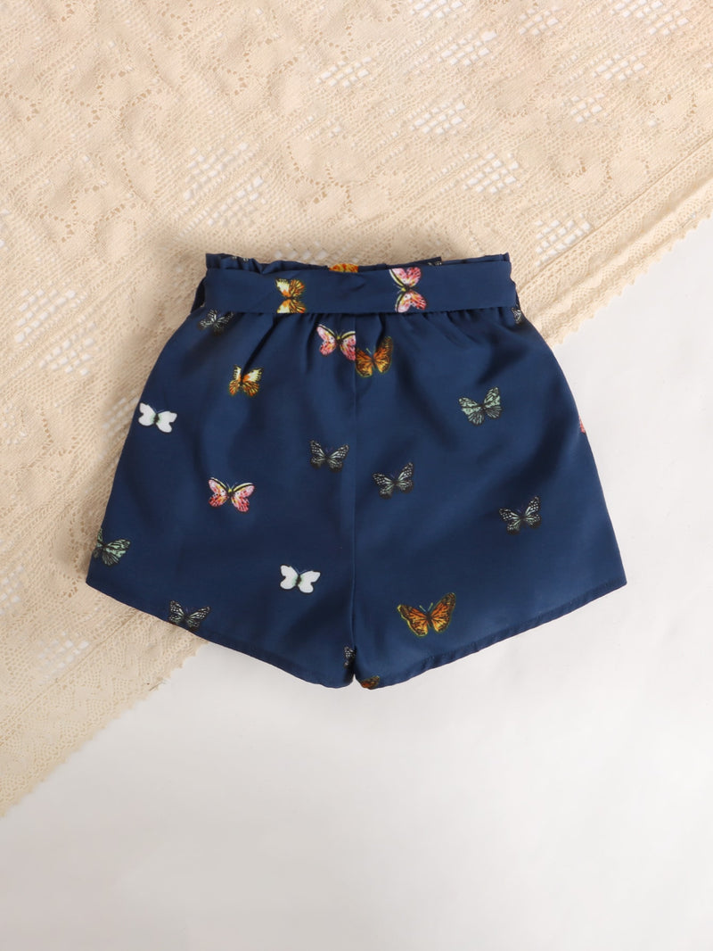 Baby Butterfly Print Paper Bag Waist Belted Shorts