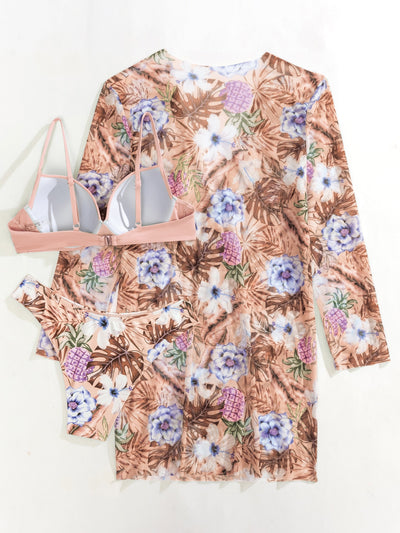 Floral Twist Push Up Bikini Swimsuit With Kimono