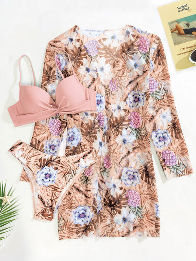 Floral Twist Push Up Bikini Swimsuit With Kimono