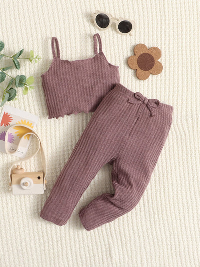 Baby Waffle Knit Lettuce Trim Cami Top Bow Front Pants