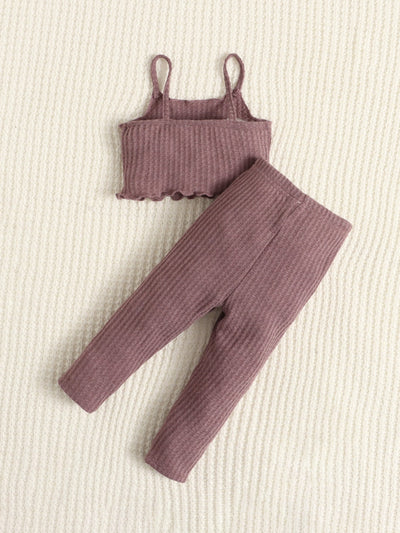 Baby Waffle Knit Lettuce Trim Cami Top Bow Front Pants