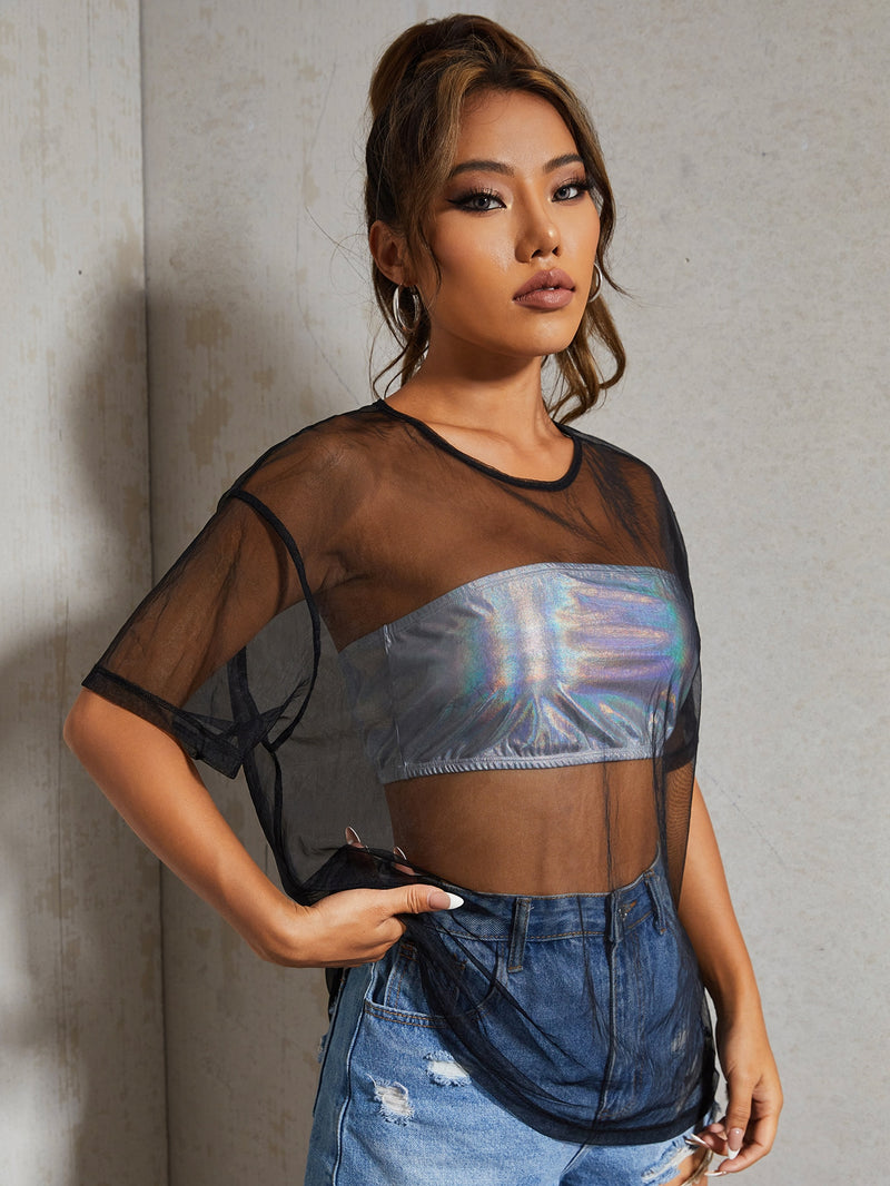 ICON Drop Shoulder Mesh Tee Holographic Tube Top